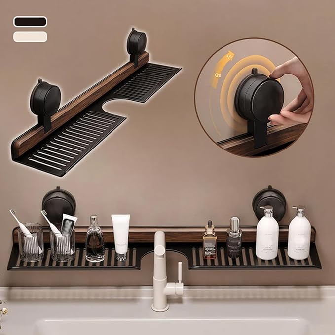 Wooden Suction Cup Sink Shelf | Removable Faucet Organizer Rack for Bathroom & Kitchen | Compact Wall-Mounted Storage