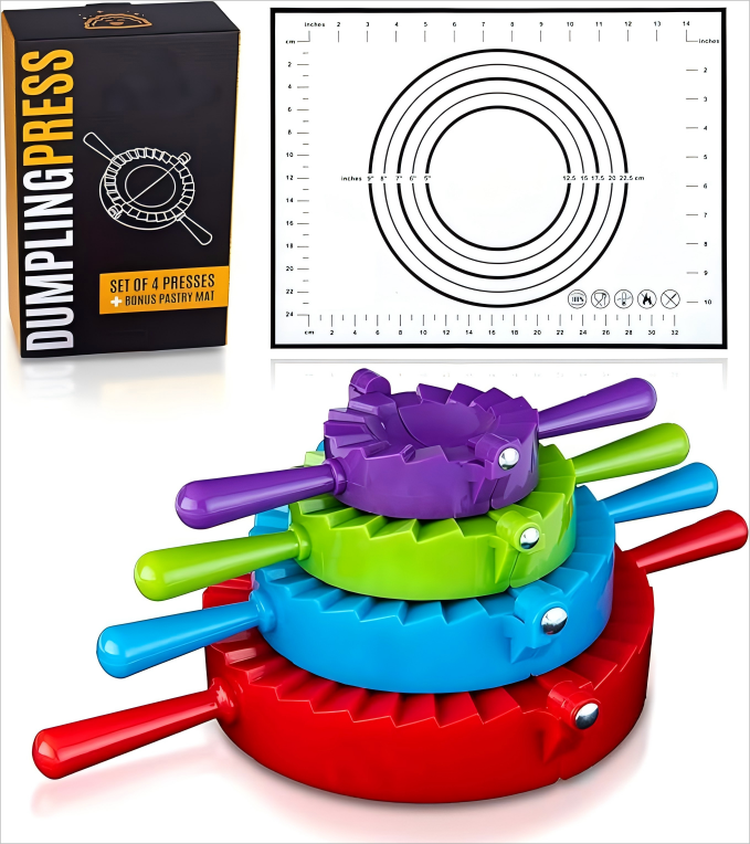 Dumpling Maker Kit – 4 Dough Presses + Non-Stick Mat for Easy Empanadas, Ravioli & More