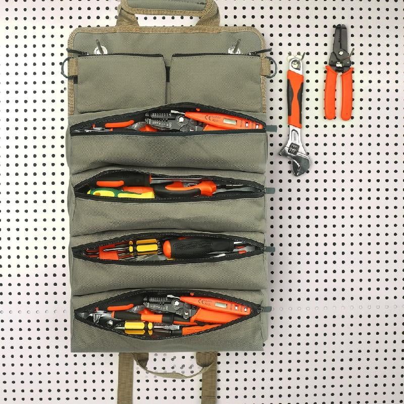 Portable Roll-Up Tool Organizer | 5 Zippered Pockets for Car, Garage & On-the-Go Storage