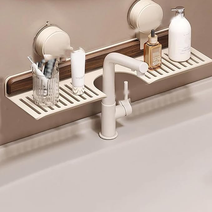Wooden Suction Cup Sink Shelf | Removable Faucet Organizer Rack for Bathroom & Kitchen | Compact Wall-Mounted Storage