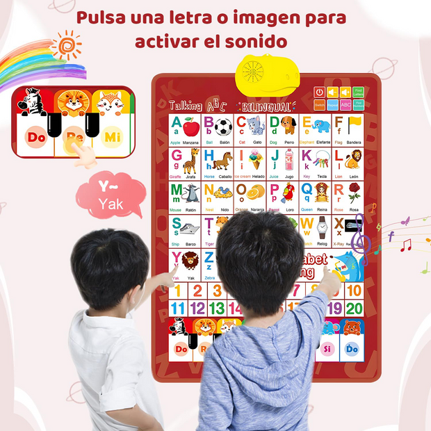 Bilingual Alphabet Interactive Wall Chart – English & Spanish Learning Poster with ABC, 123, and Music for Kids Ages 3+