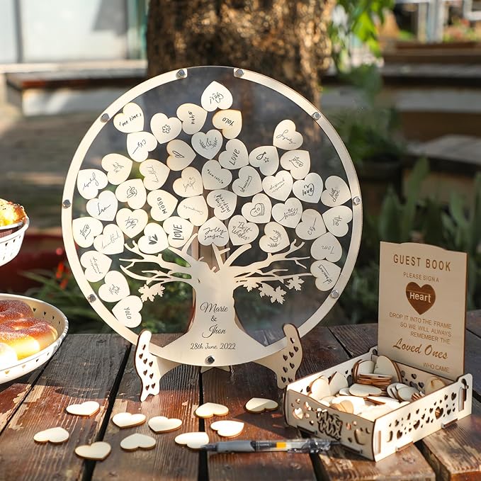 Rustic Boho Wedding Guest Book Alternative with Pen – Wooden Tree of Life Guestbook for Reception & Memorial Keepsake