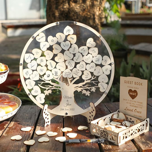 Rustic Boho Wedding Guest Book Alternative with Pen – Wooden Tree of Life Guestbook for Reception & Memorial Keepsake